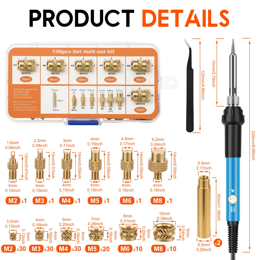 Brass Heat Set Insert Kit – 60W Iron, 6 Tips & 130 Inserts