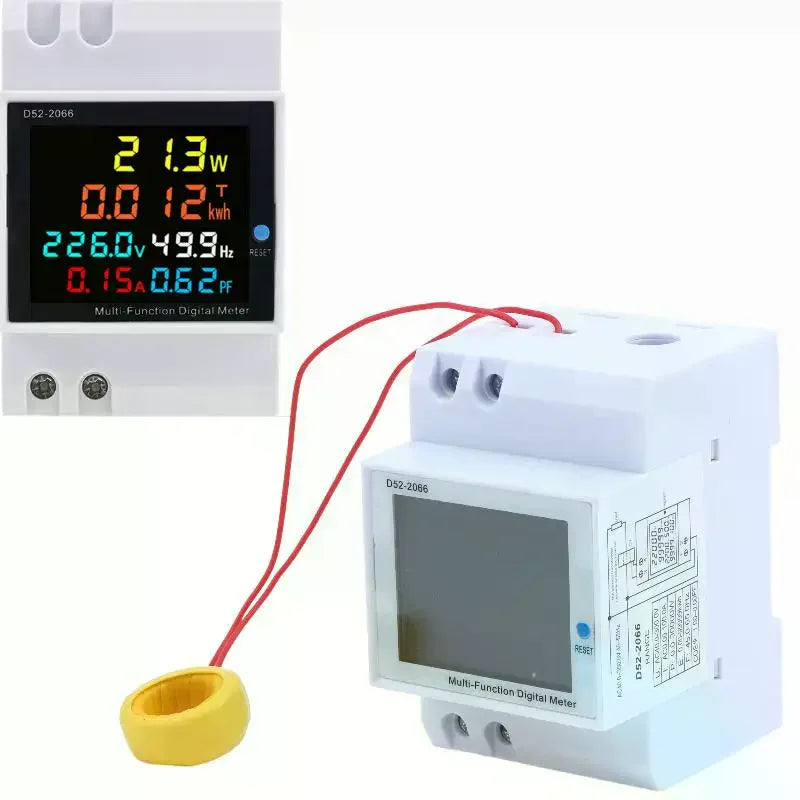 D52-2066 DIN Rail Energy Meter 100A – 6-in-1 kWh Power Monitor DIN Rail Energy Meter Nixie