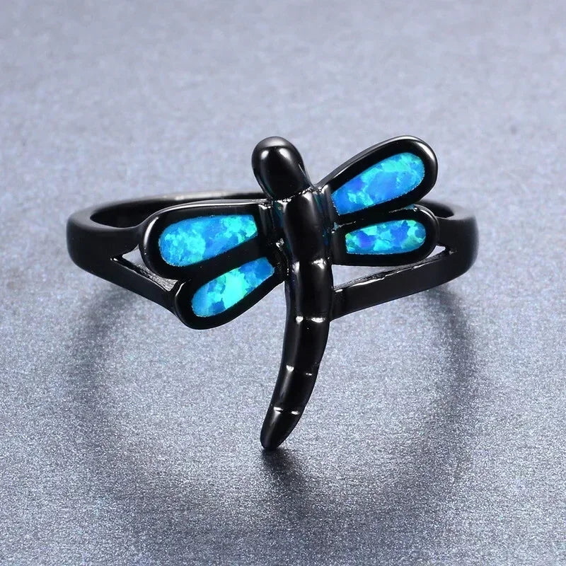 Dragonfly Ring – Zinc Alloy Black Blue Simulated Opal | Sizes 6–10