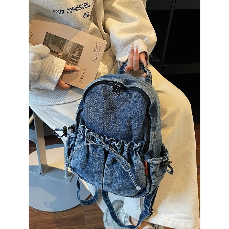 Vintage Washed Distressed Denim Mini Backpack for Women Denim Mini Backpack Nixie