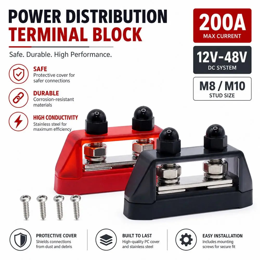 M8/M10 Power Distribution Block 200A Battery Terminal 12V-48V Power Distribution Block Nixie