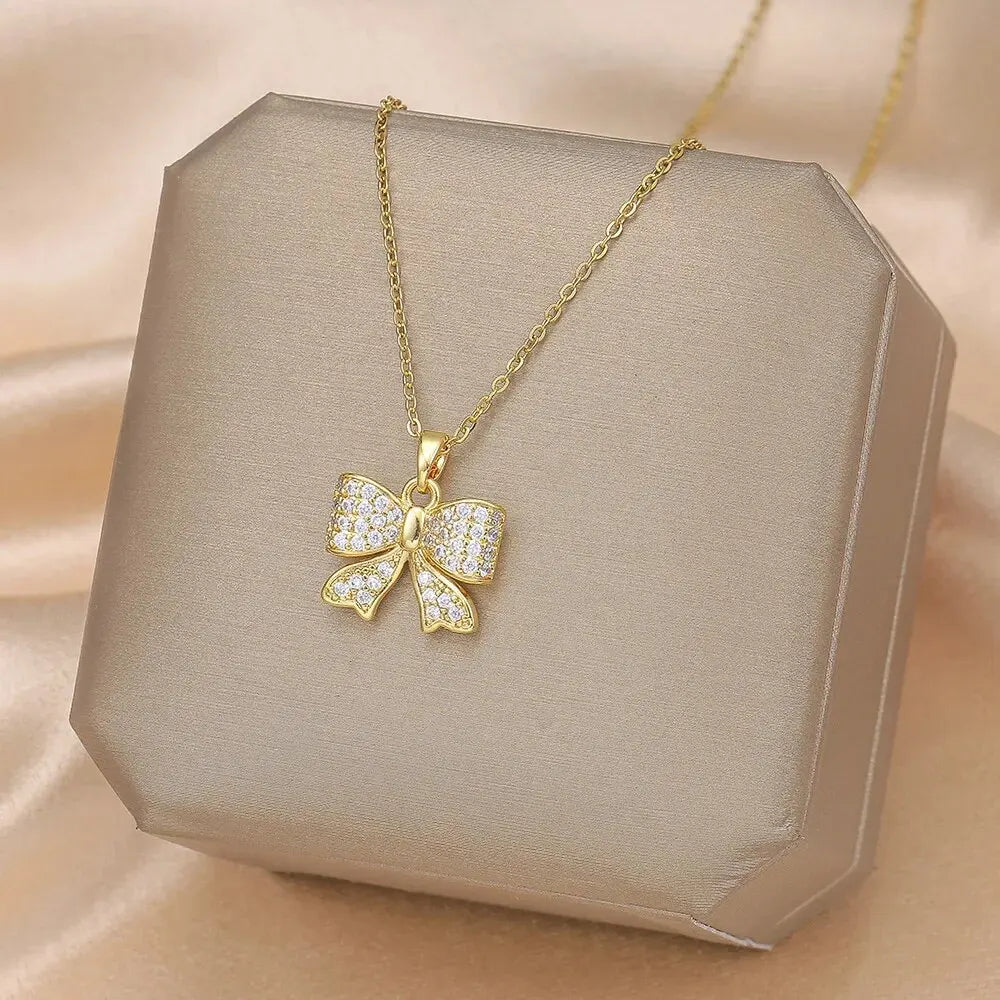 Gold Butterfly Zircon Pendant Necklace | Copper & Steel Chain Pendant Necklace Nixie