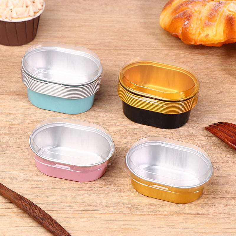 10Pcs Aluminum Foil Baking Cups with Lids – 68ml Oval Dessert Molds Foil Baking Cups Nixie