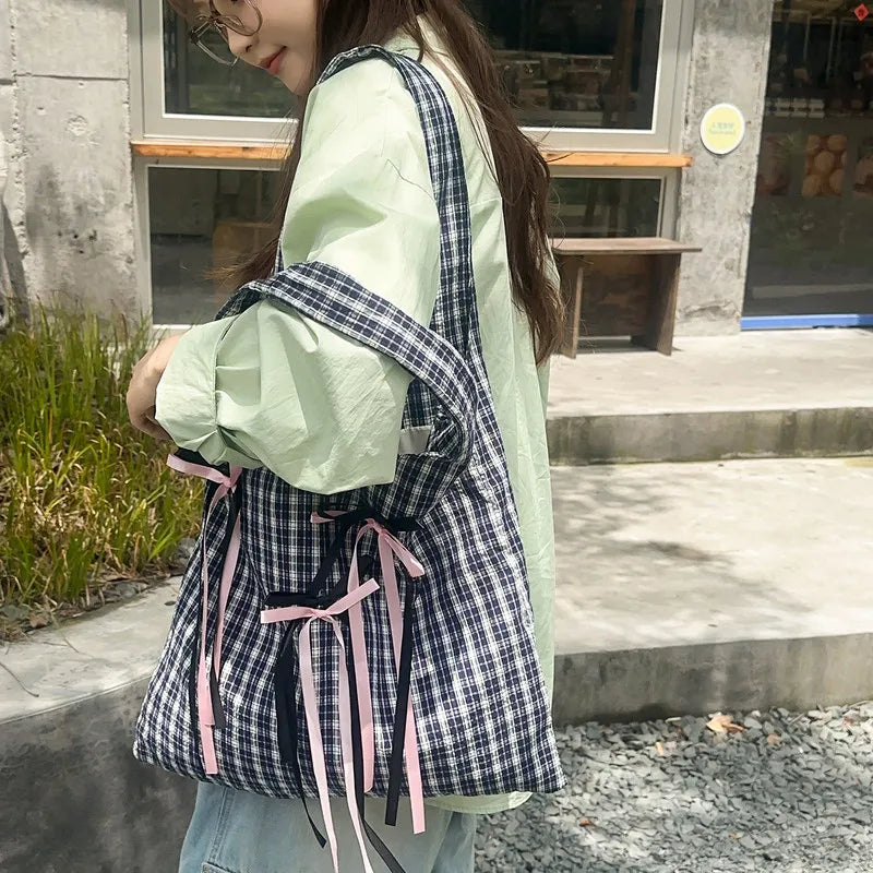 Korean Academia Plaid Bow Tote Bag – Large Canvas Shoulder Bag Canvas Tote Bag Nixie