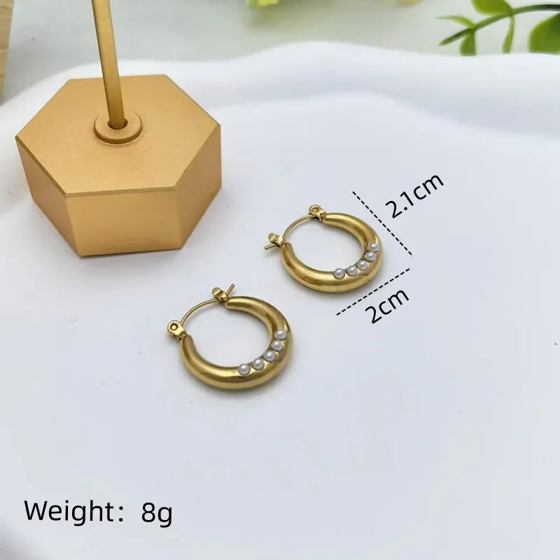 Imitation Pearl Gold Hoop Earrings – Stainless Steel Fashion