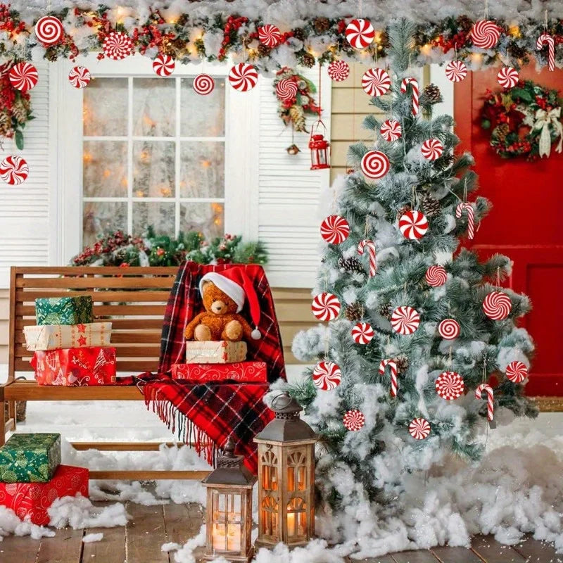 19Pcs Wooden Candy Cane Christmas Ornaments – Red & White Decor Christmas Tree Ornaments Nixie