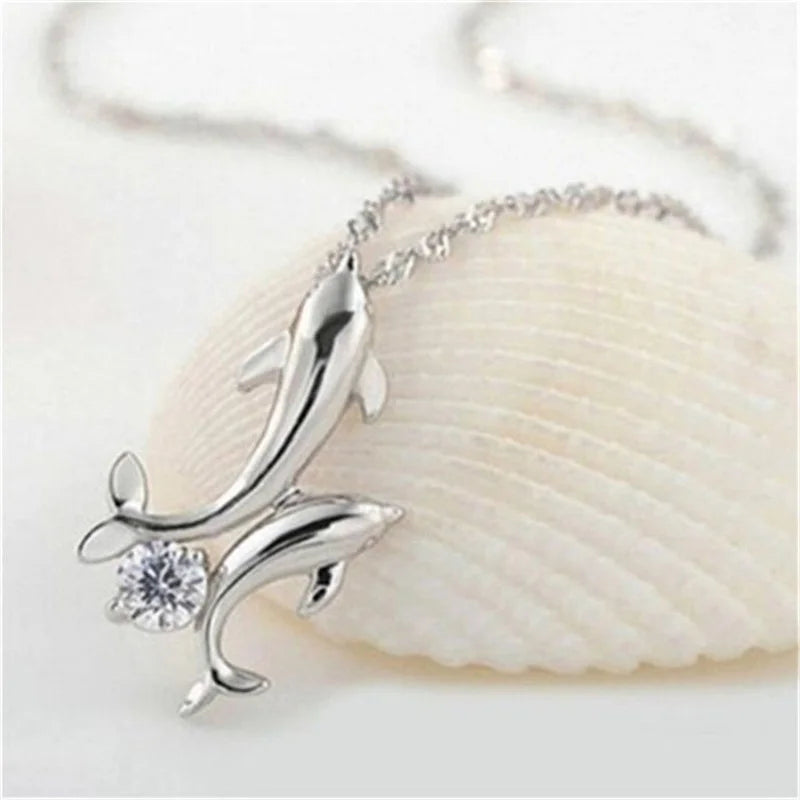 Double Dolphin Rhinestone Pendant Necklace – Silver Black Gold Pendant Necklace Nixie Silver Plated