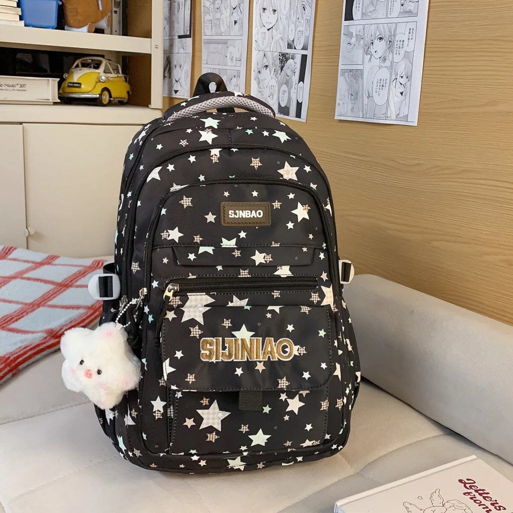 Star Print Large-Capacity School Backpack | Multi-Pocket Nylon School Backpack Nixie Black