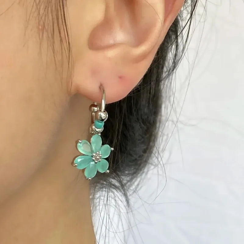 Green Flower Hoop Earrings | Cat Eye Stone Korean Style Fashion Hoop Earrings Nixie