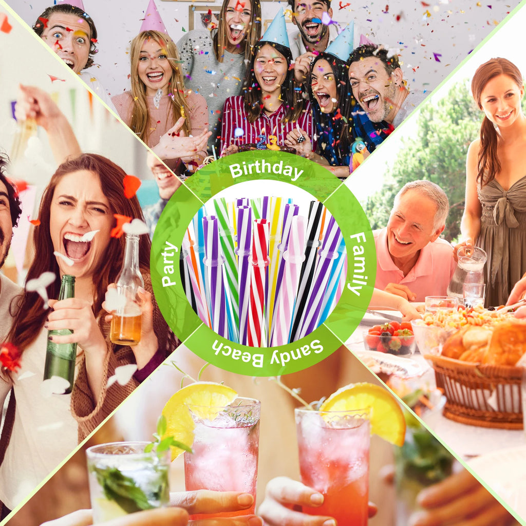 24Pcs Reusable Candy-Striped Plastic Drinking Straws + Brush