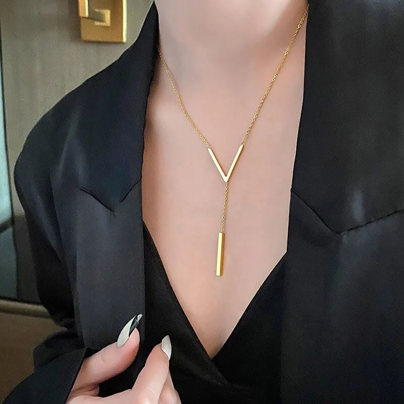 Gold V-Shape Bar Tassel Collarbone Necklace | Stainless Steel Pendant Necklace Nixie