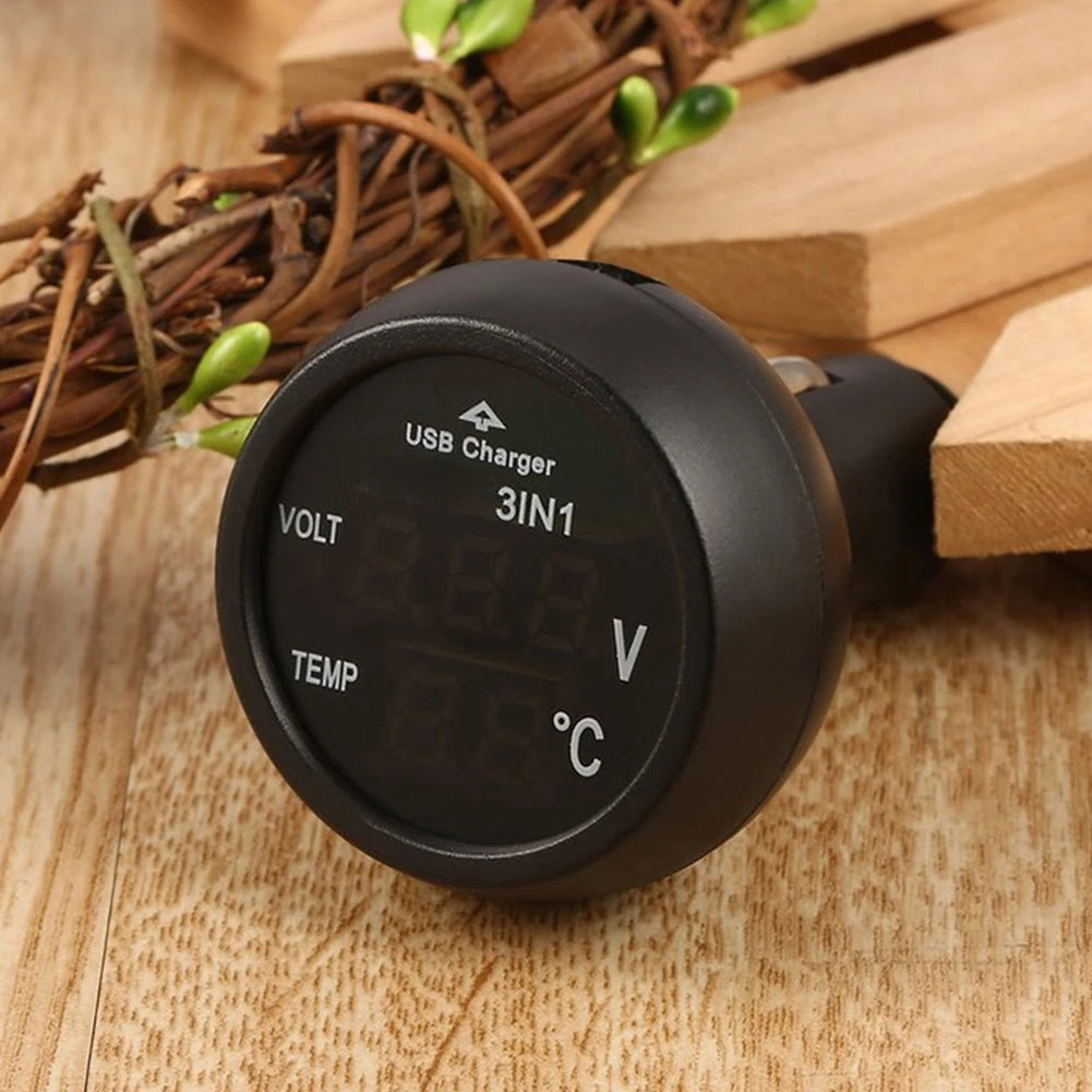3-in-1 Car Voltmeter Thermometer USB Charger 12/24V LED Car Voltmeter Gauge Nixie