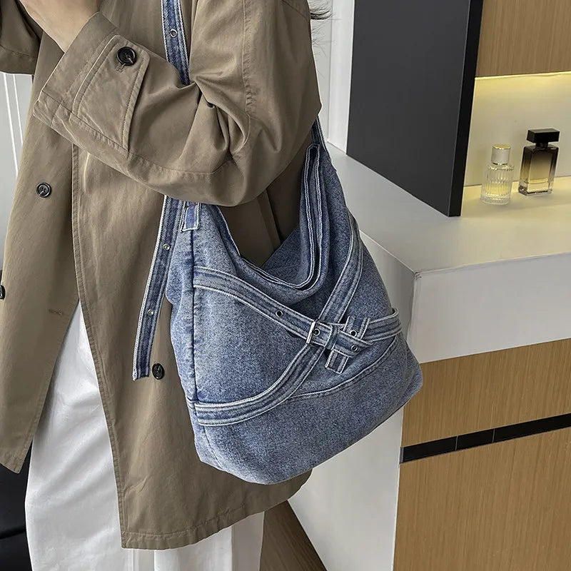 Vintage Washed Denim Tote Bag – Large Crossbody for Women Denim Tote Bag Nixie Light blue