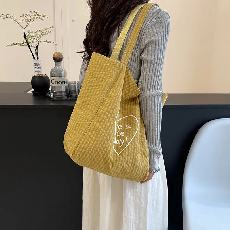 Double-Sided Plaid Polka Dot Canvas Tote Bag – Large Women's Shoulder Bag Canvas Tote Bag Nixie