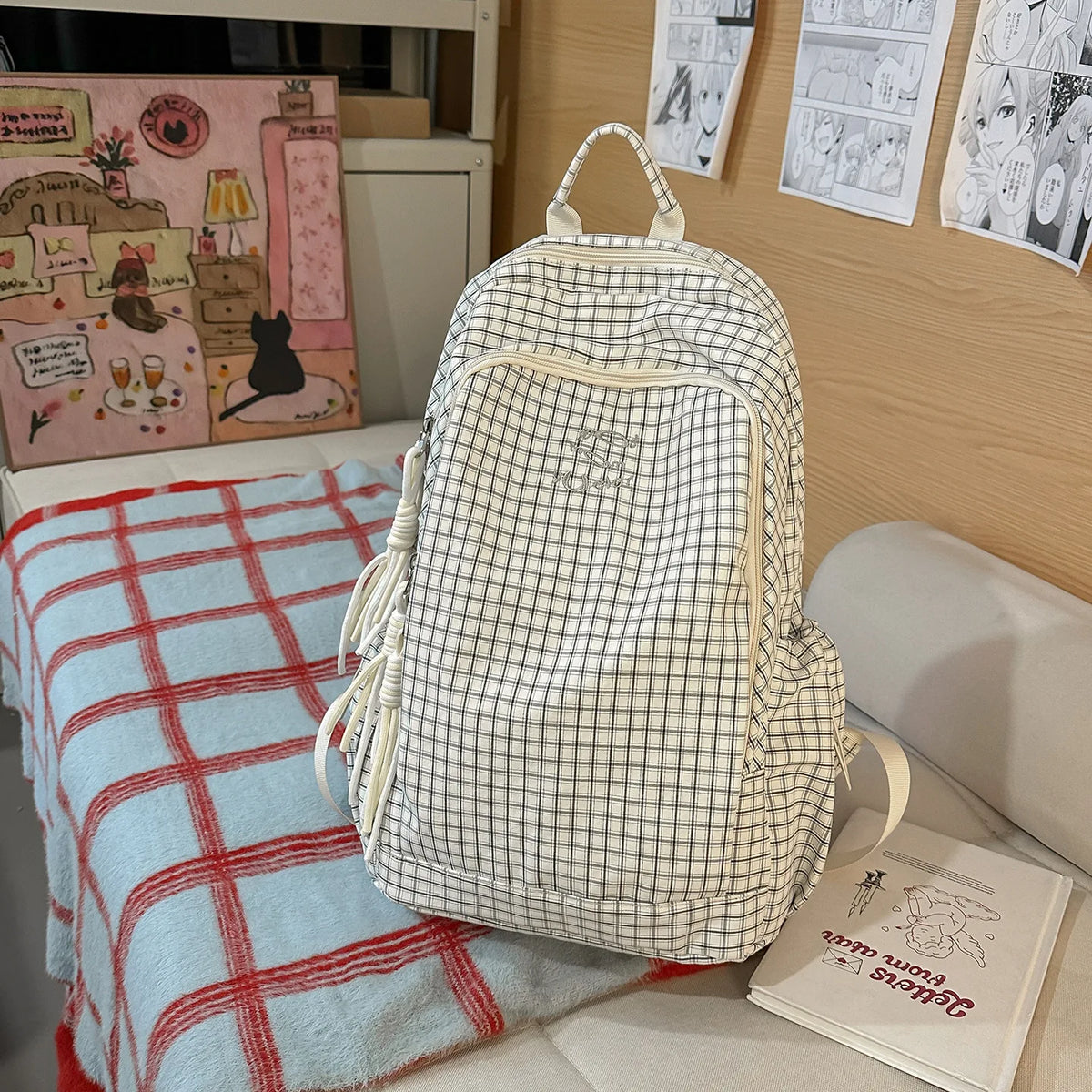 Nixie Plaid Backpack Women – Large Capacity College School Bag Women's Backpack Nixie White (No Charm)