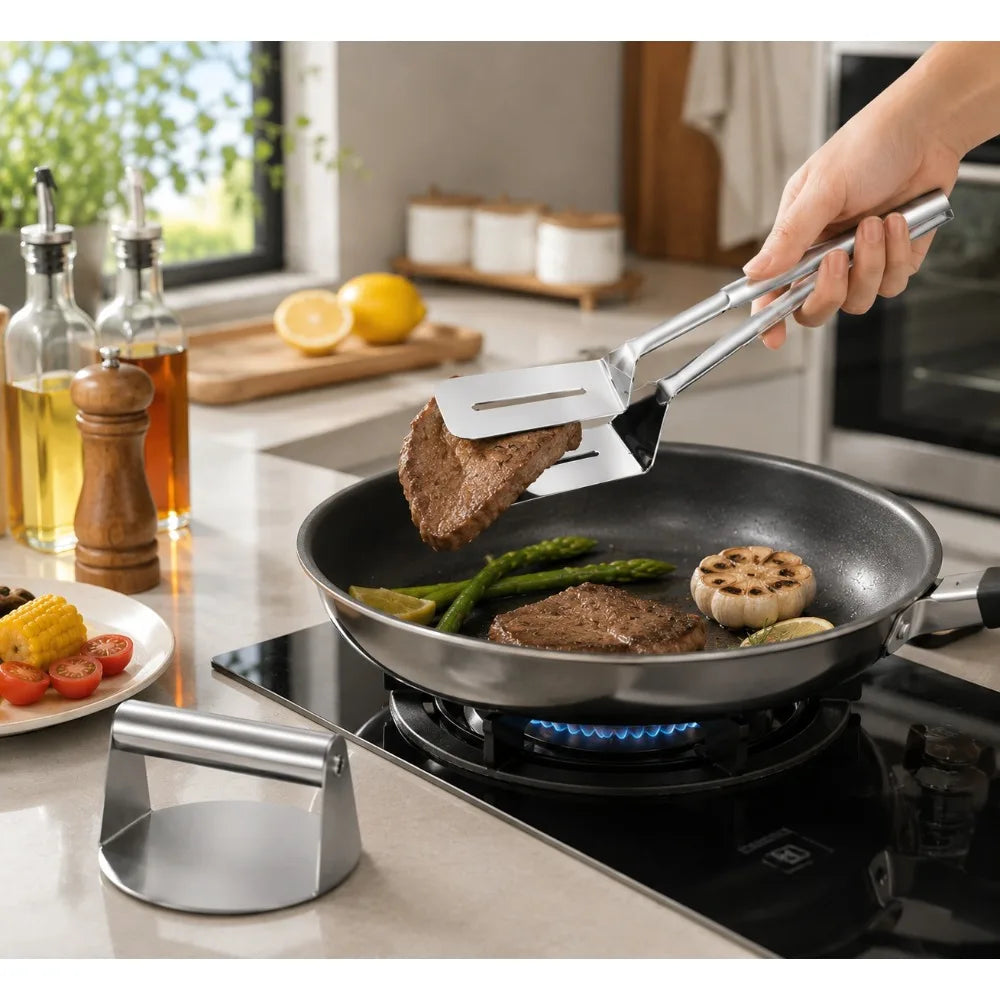 Smash Burger Press & Steak Tongs Set – Heavy-Duty Stainless Steel BBQ Burger Press Set Nixie