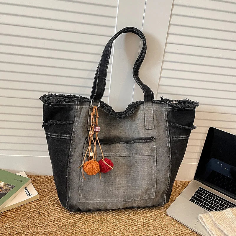 Japanese Washed Denim Tote Bag – Large Women's Shoulder Bag Denim Tote Bag Nixie BB-701-Black Extra Large