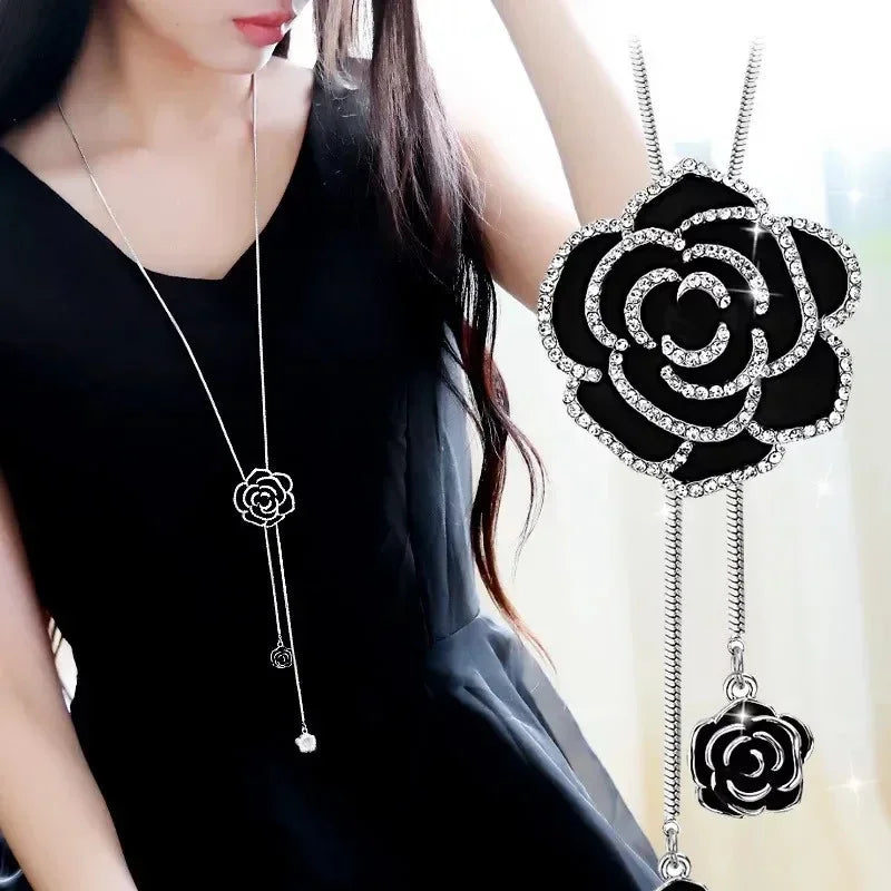 Black Rose Flower Long Pendant Necklace | Crystal Sweater Chain Pendant Necklace Nixie
