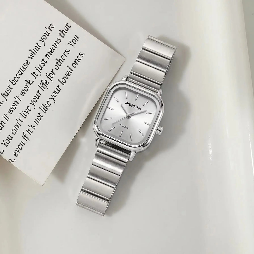 REBIRTH Quartz Watch Roman Numeral Square Dial Stainless Steel Quartz Wristwatch Nixie