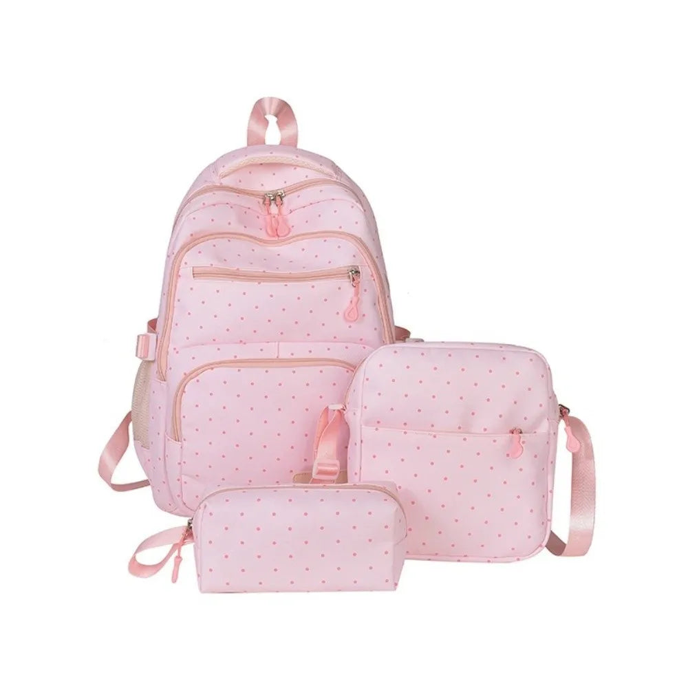 Nylon Polka Dot Girls Backpack Set – Multi Compartment School Bag