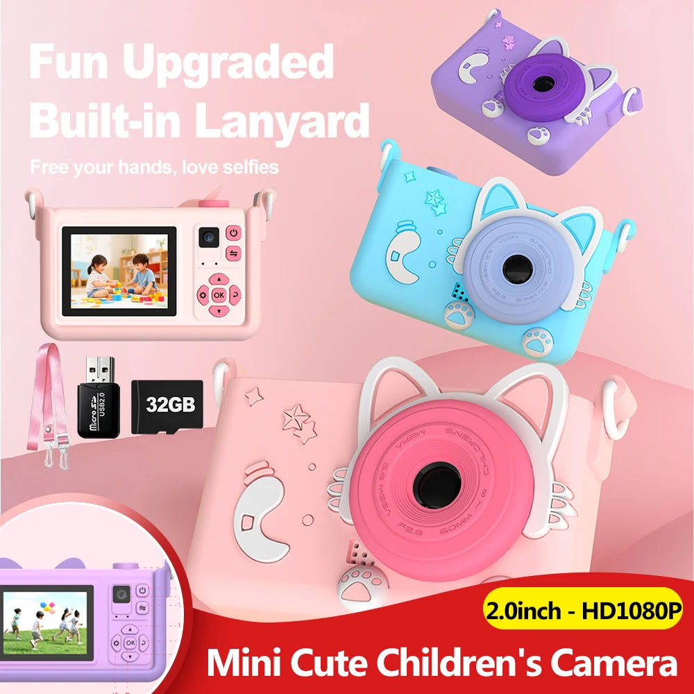 Kids Digital Dual Camera 1080P HD + 32GB Card | Cat Design Kids Digital Camera Nixie