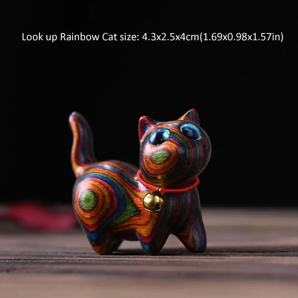 Rainbow Wooden Cat Ornament – Colorful Carved Desk Sculpture