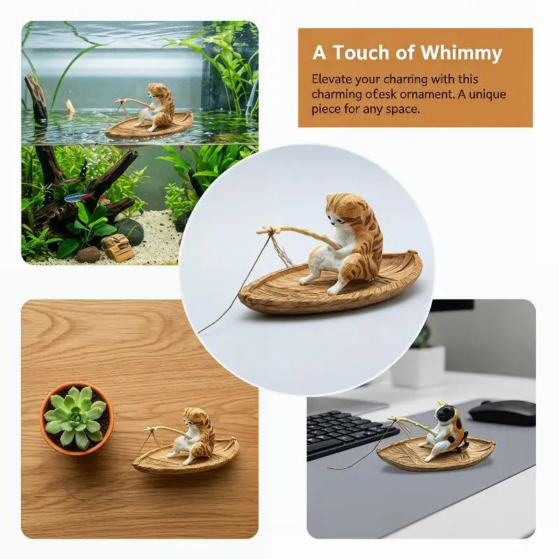 Resin Cat Fishing Boat Aquarium Ornament | Fish Tank Decor Aquarium Ornament Nixie