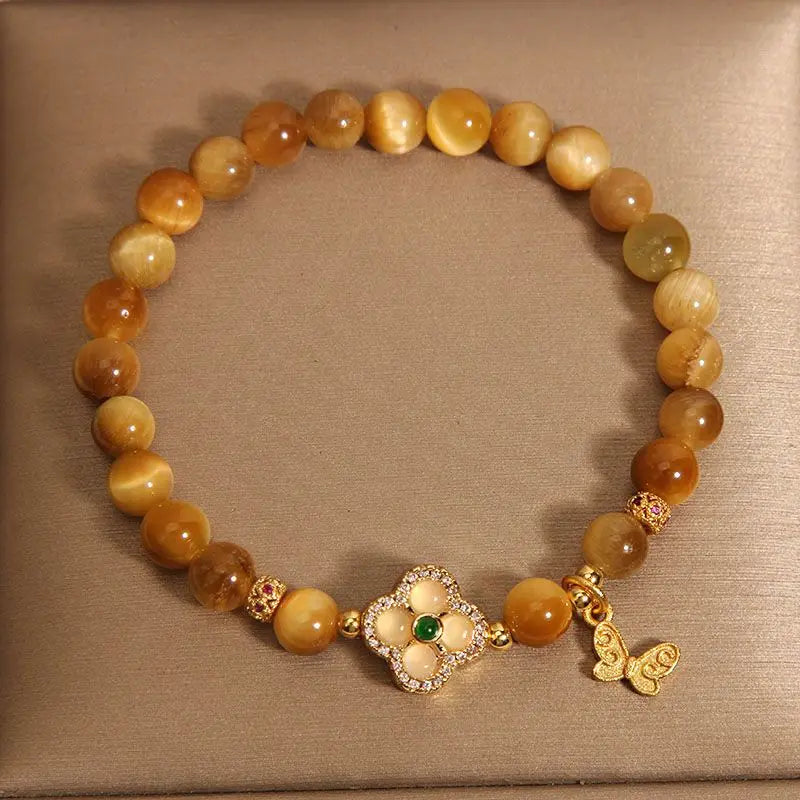 Golden Tiger Eye Four-Leaf Clover Bracelet | Women's Gift Gemstone Strand Bracelet Nixie