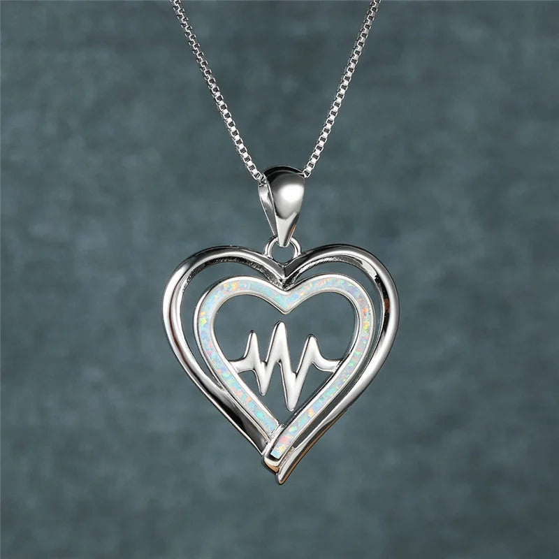 Heart Pendant Necklace Simulated Opal Glass Charm | Women Pendant Necklace Nixie Silver-White