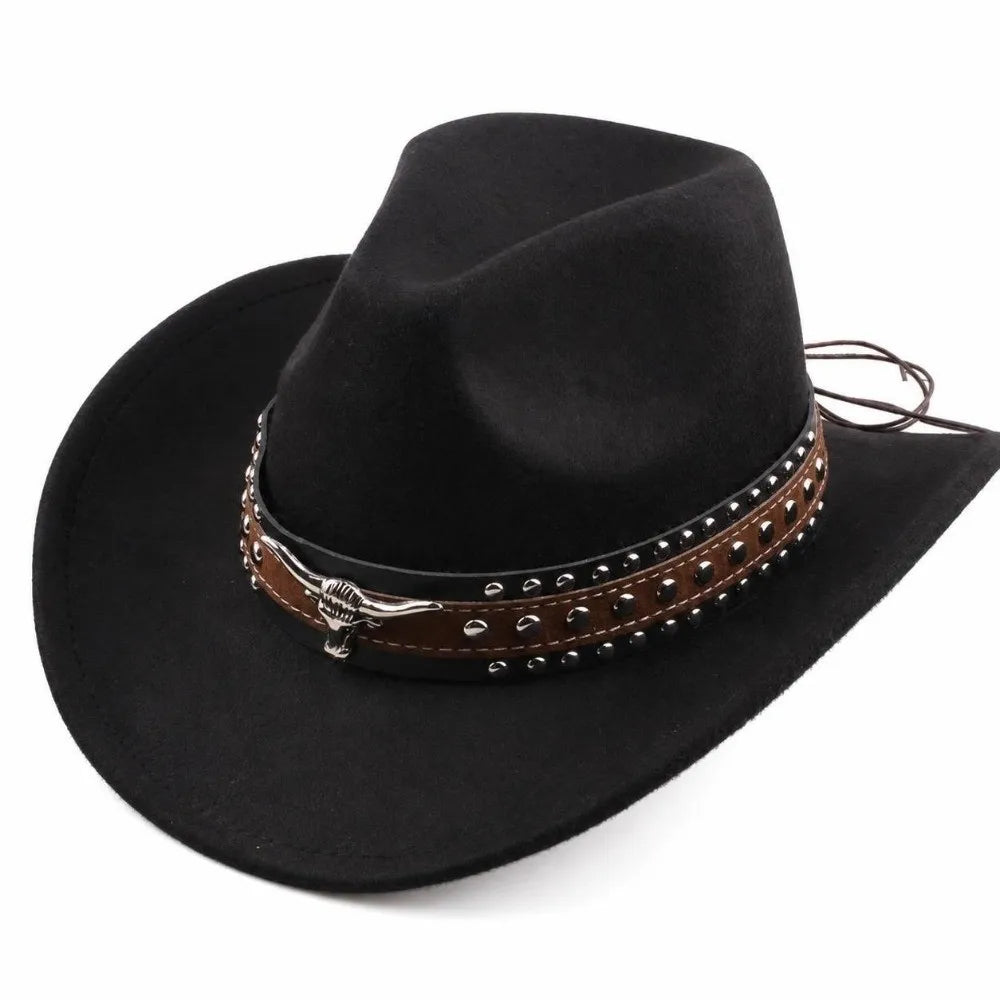 Felt Western Cowboy Hat Wide Brim Studded Ethnic Style Unisex