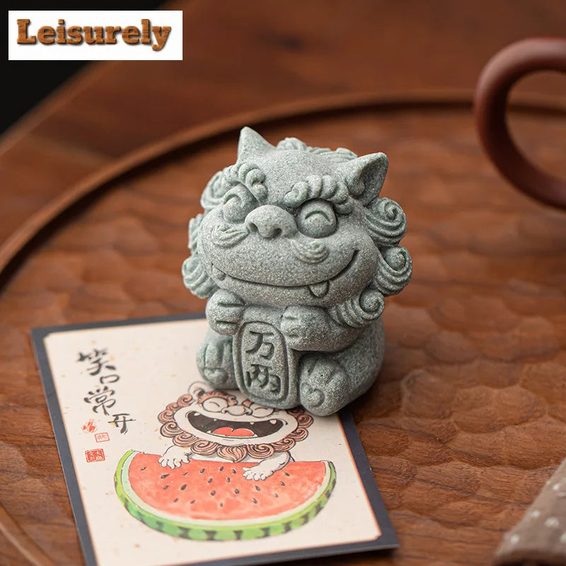 Green Sandstone Lion Tea Pet Ceramic Figurine | Tea Ornament