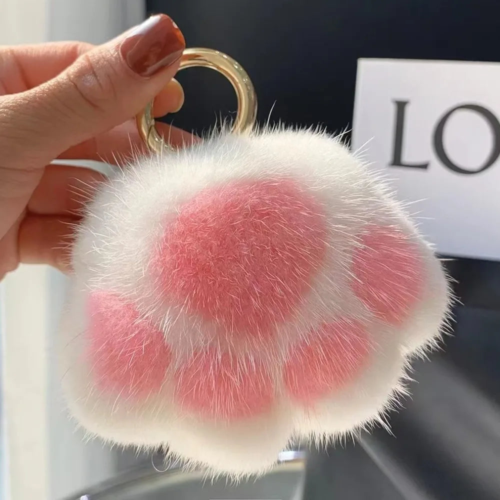 Kawaii Cat Paw Plush Keychain – Fluffy Faux Fur Key Ring Plush Keychain Nixie