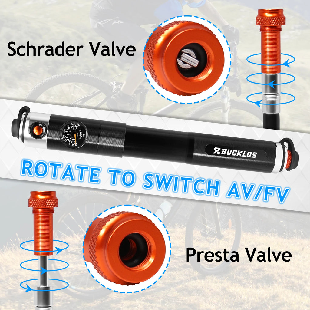 BUCKLOS Mini Bike Pump 160 PSI – Schrader & Presta Valve MTB Portable Bike Pump Nixie