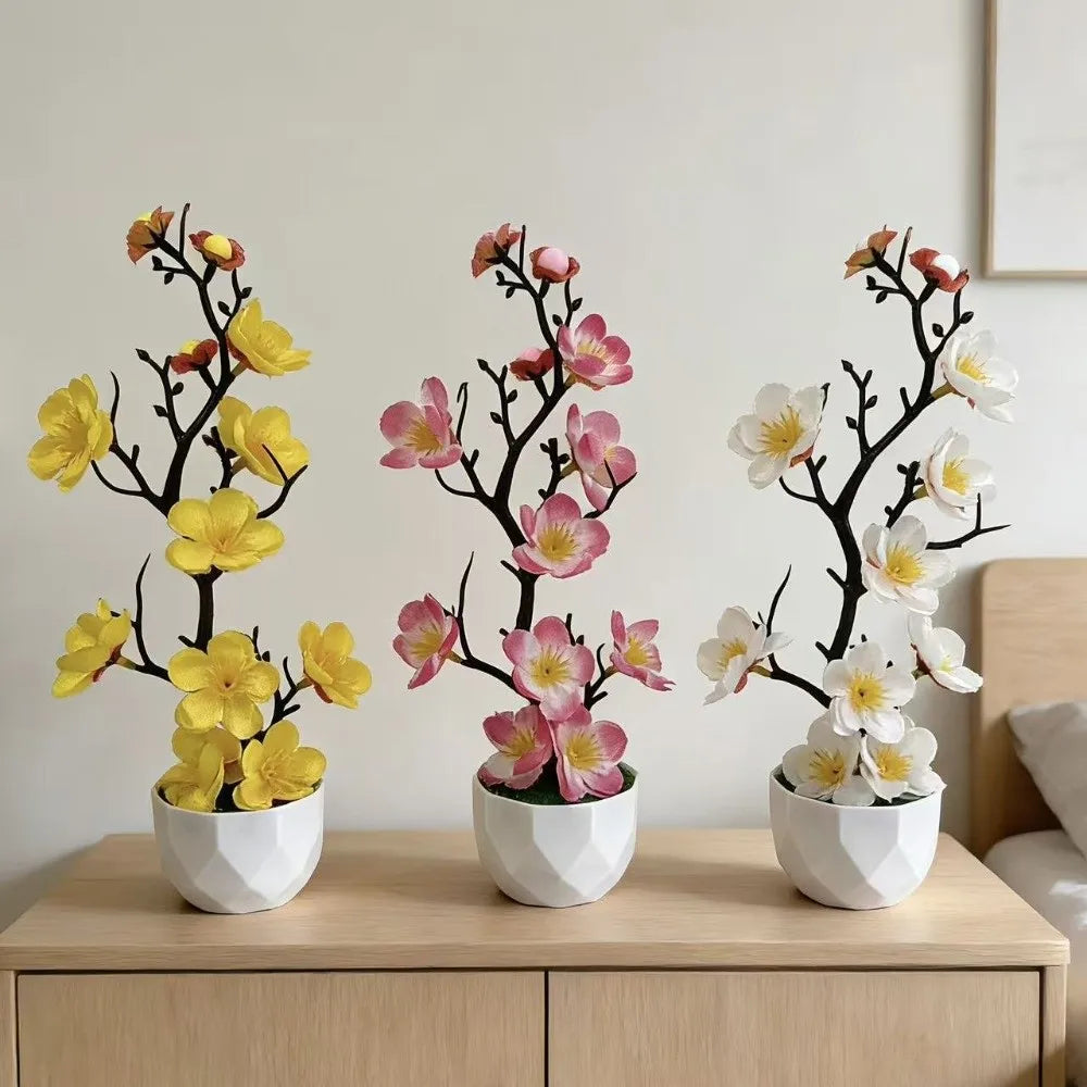 Red Artificial Plum Blossom Bonsai – Plastic Flower White Pot Artificial Potted Plant Nixie