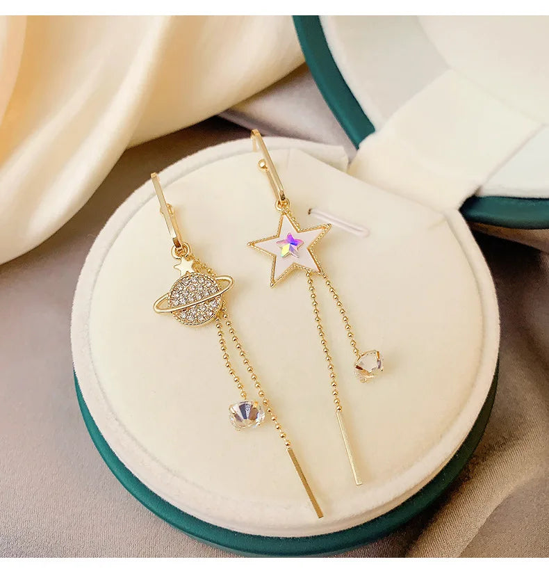 Pentagram Tassel Asymmetrical Drop Earrings – Gold Plated