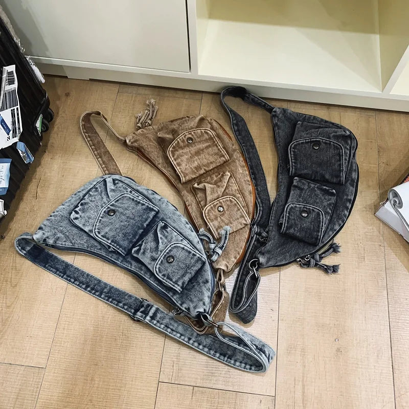 Nixie Denim Chest Bag Unisex Crossbody Shoulder Backpack Denim Crossbody Bag Nixie