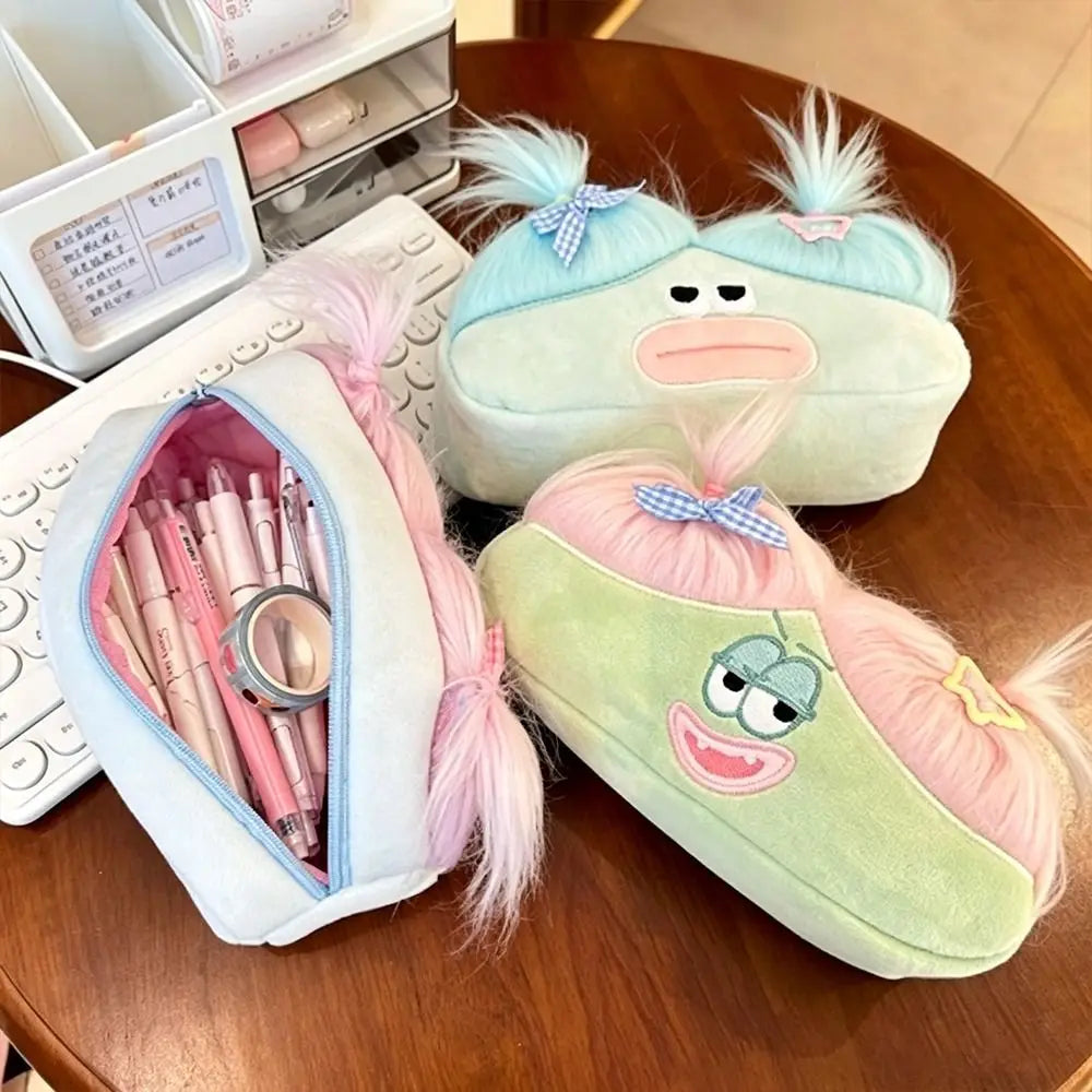 Cute Ugly Plush Pencil Case with Ponytail – Stationery Pouch Plush Pencil Case Nixie