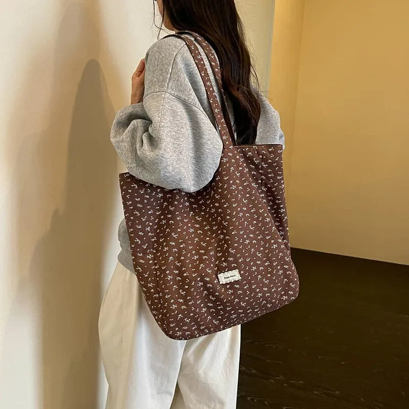 Korean Floral Canvas Tote Bag – Women's Spacious Shoulder Bag Canvas Tote Bag Nixie