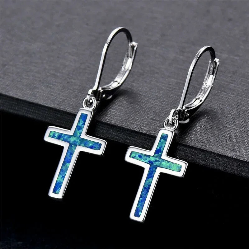 Blue Opal Cross Dangle Rhinestone Stud Earrings for Women Dangle Stud Earrings Nixie