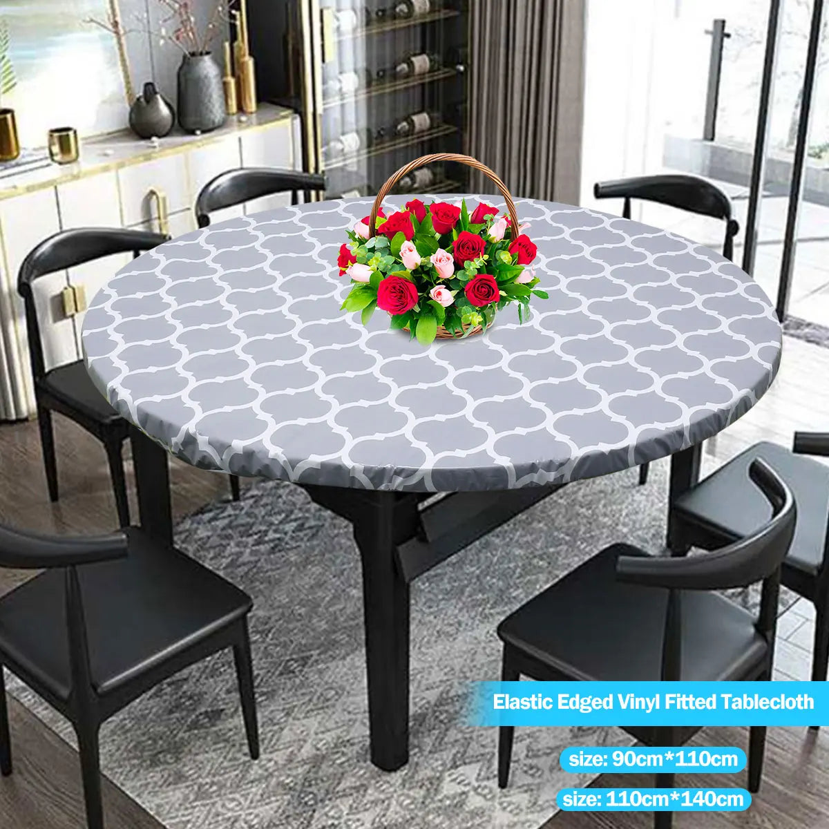 Round Elastic Vinyl Tablecloth – Waterproof Fitted Table Cover Fitted Vinyl Tablecloth Nixie