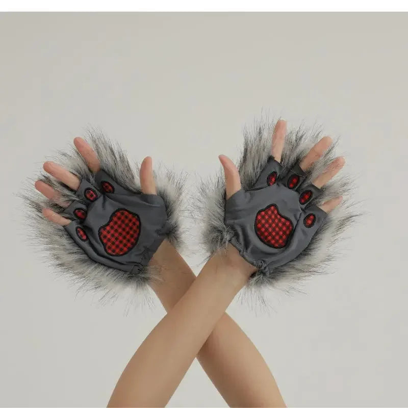 Halloween Plush Wolf Gloves Cosplay Costume Prop | Faux Fur