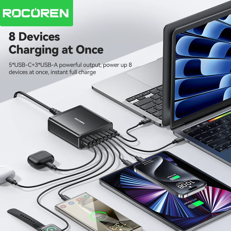 Rocoren 185W 8-in-1 USB-C Multi-Port Desktop Fast Charger Desktop USB Charger Nixie