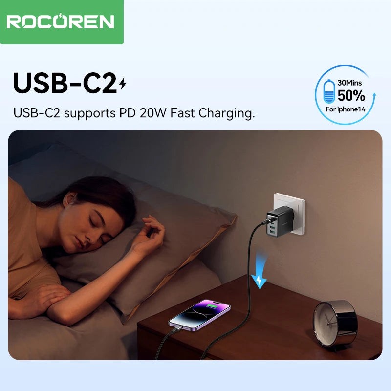 Rocoren 45W GaN 4-Port USB-C PD Fast Charger for iPhone & Samsung