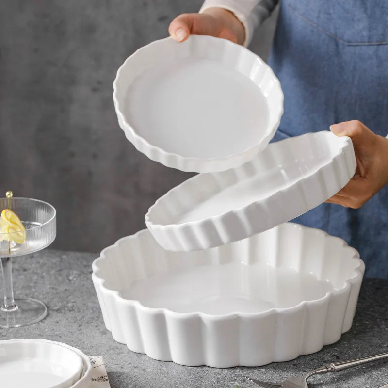 White Ceramic Round Stripe Pizza Baking Tray – 18cm Ceramic Baking Tray Nixie