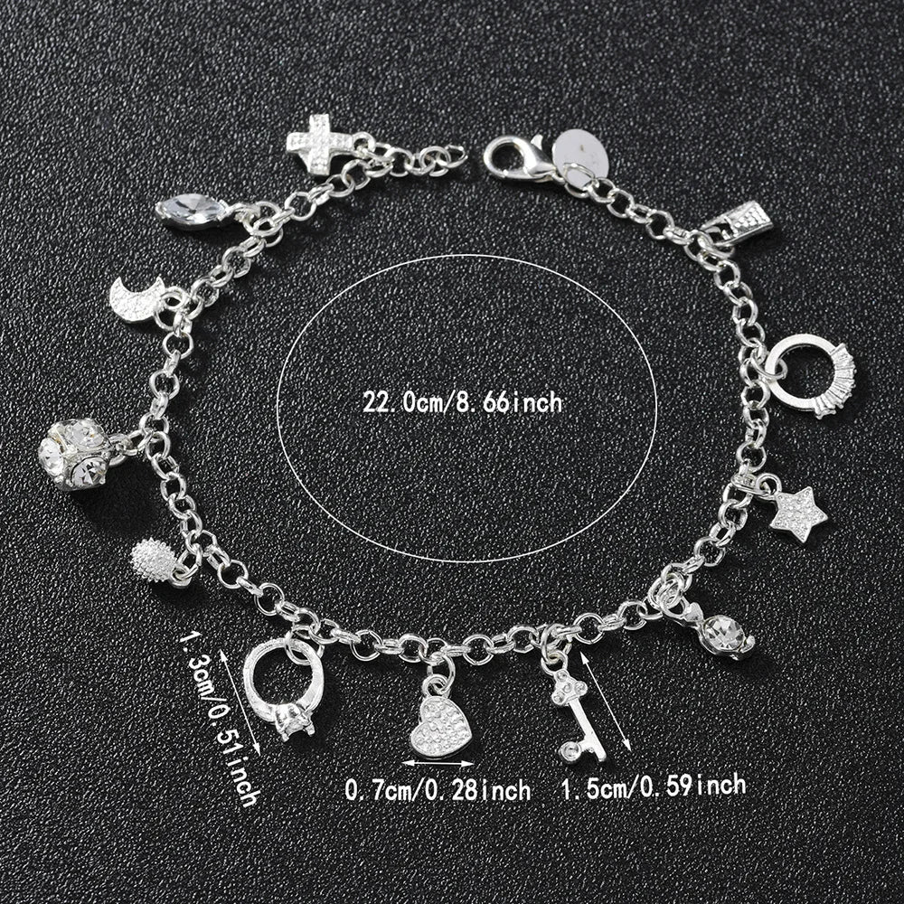 Women's Silver 13-Pendant Charm Bracelet – Fashion Jewelry