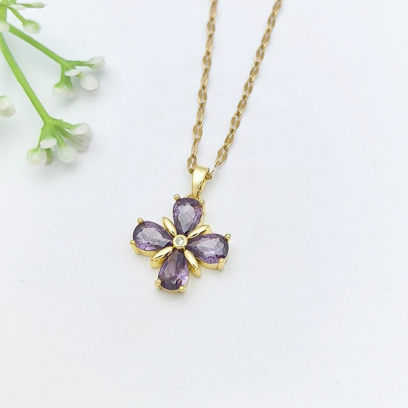 Purple Flower Copper Pendant Necklace | Women's Clavicle Chain Pendant Necklace Nixie