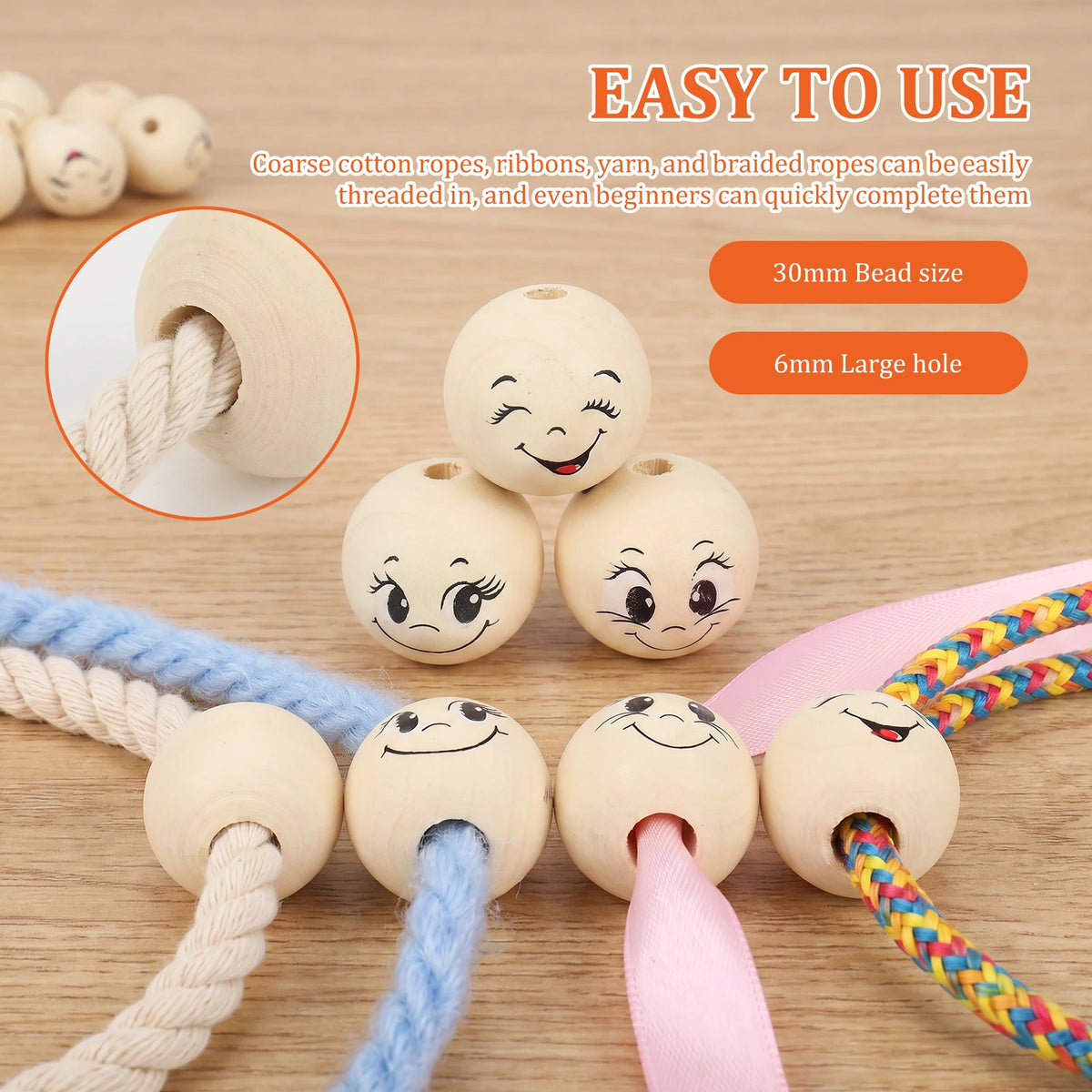 66Pcs Smiley Face Wooden Beads for DIY Jewelry & Crafts DIY Craft Beads Nixie