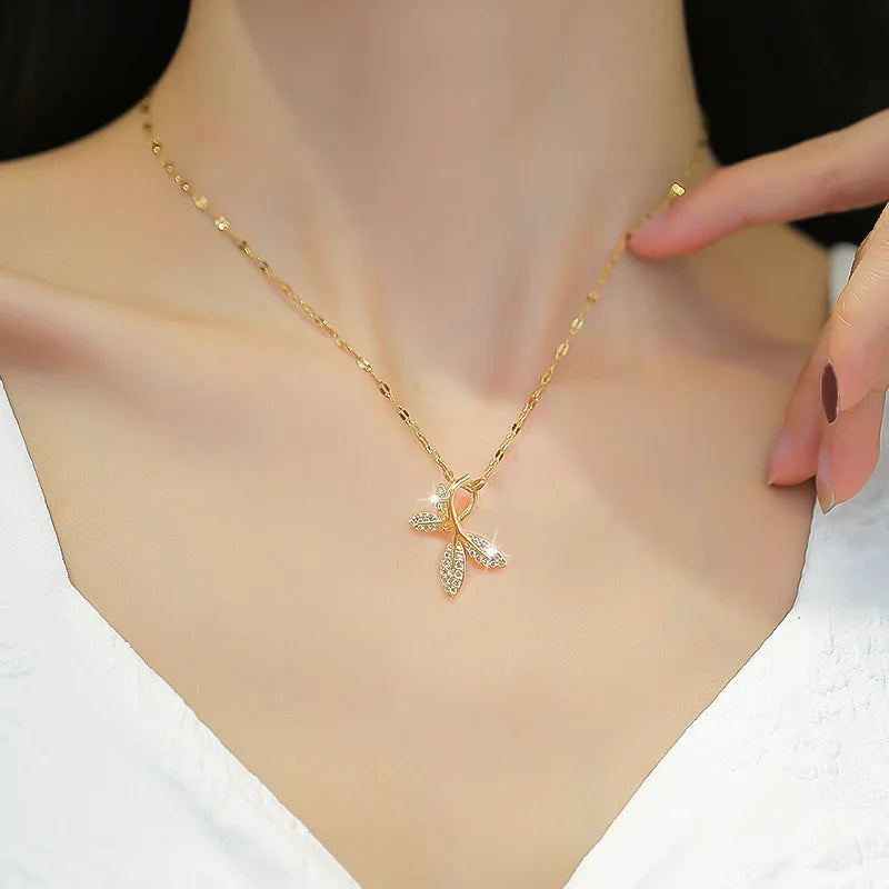 Diamond Leaf Pendant Necklace – Gold Stainless Steel Women Pendant Necklace Nixie