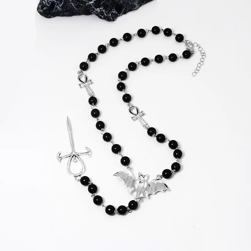 Vintage Gothic Vampire Bat Rosary Cross Pendant Necklace Unisex