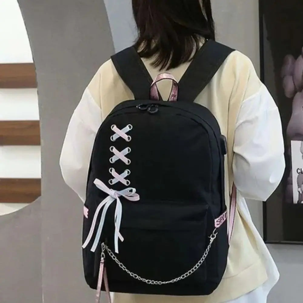 Large Oxford Cloth Laptop Backpack – Silk Ribbon & Chain Design Laptop Backpack Nixie